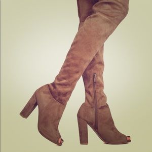 Thigh High Tan Opened Toed 5 inch Boot Heals